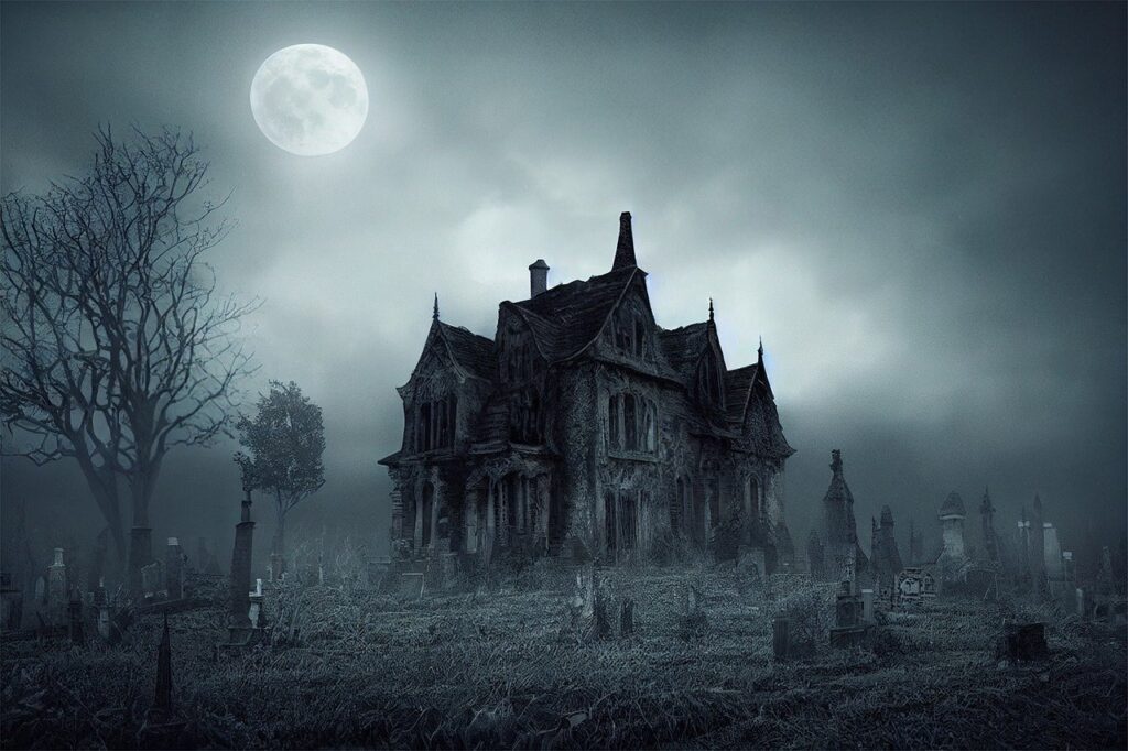 haunted house scene with full moon