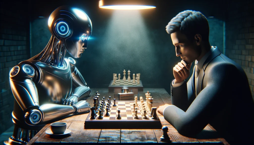 DALL·E 2024-03-05 - A futuristic scene depicting an AI, represented by a sleek, metallic robot with glowing blue eyes, sitting at a chess table across from a focused huma