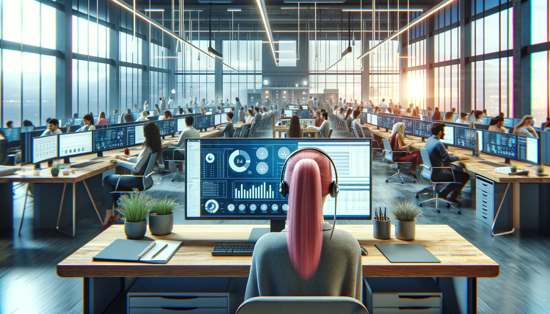 A wide aspect ratio concept art of a bustling contact center in a modern, open concept office. The scene features a woman with pink hair sitting at a desk working with a conversational intelligence platform