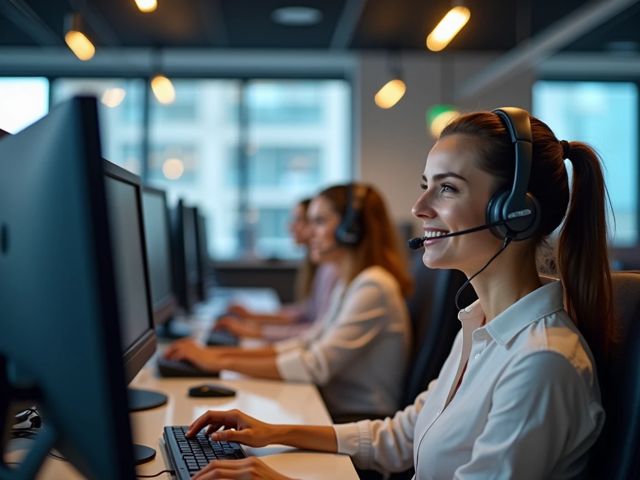 First-person view of a bright modern call center, multiple screens and phone devices, warm lighting, smiling support agents not looking at the camera, positive atmosphere. call center technology