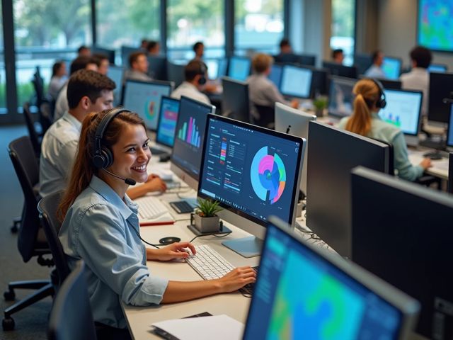 Bird's-eye view of a bright, modern call center with employees at desks and computer screens showing colorful abstract analytics, everyone smiling but not looking at the camera, a positive and collaborative atmosphere, no text or signs. call center analytics tools