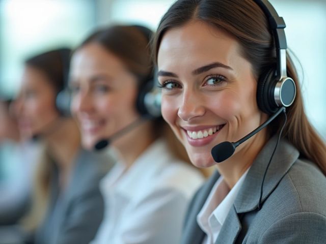 Close-up of smiling call center agents wearing headsets in a bright environment, not looking at the camera, positive vibe