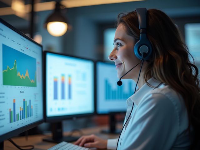 Side view of a call center dashboard showing performance charts, with a smiling agent in the background focusing on their screen. ai agent performance